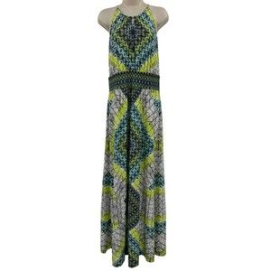 London Times Maxi Dress 14 Green Blue Geometric Print Halter Sleeveless Keyhole
